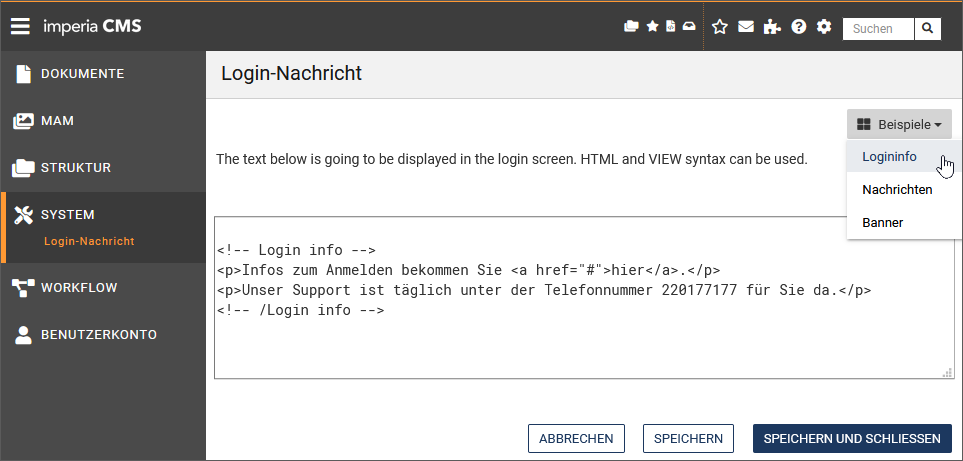Seite "Login-Nachricht"