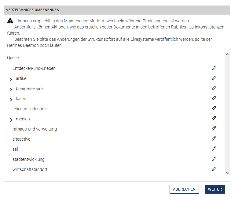 Seite Verzeichnisse umstrukturieren
