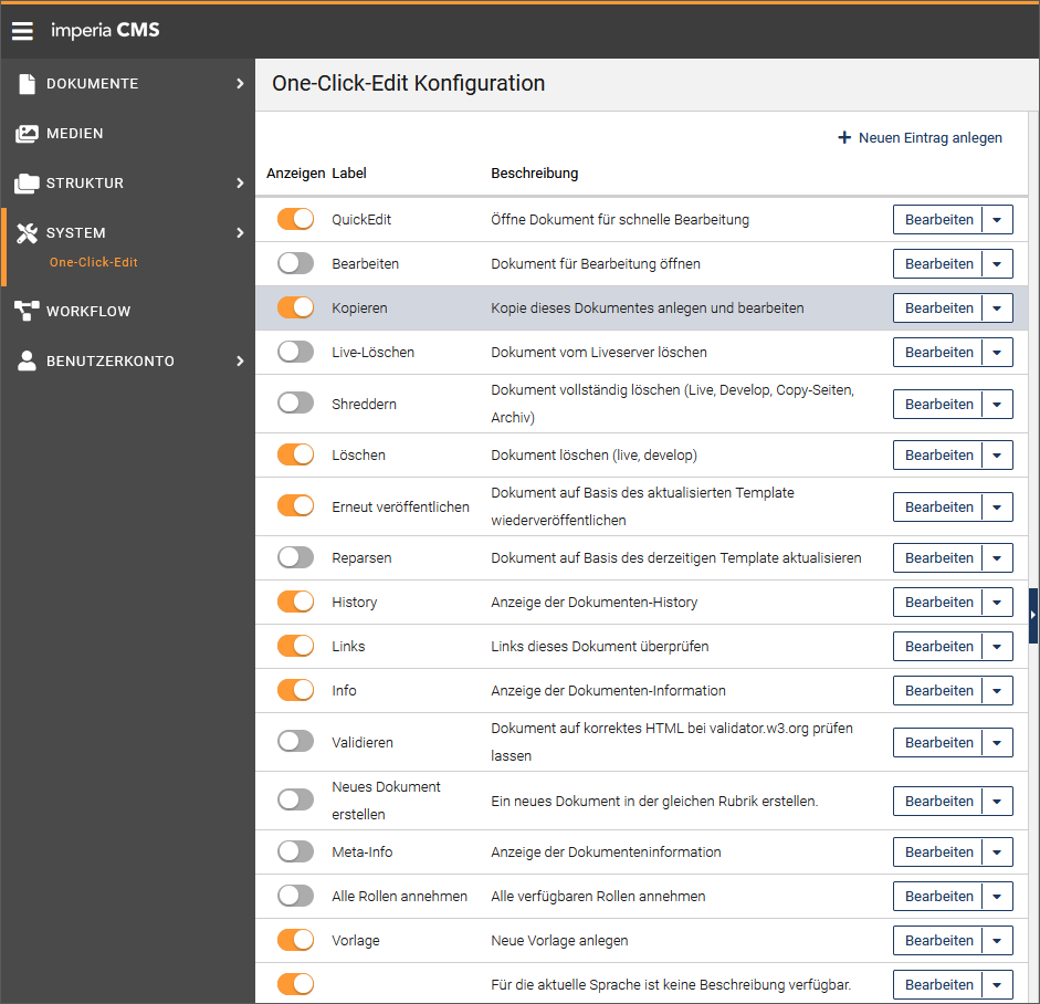 OCE configuration dialog