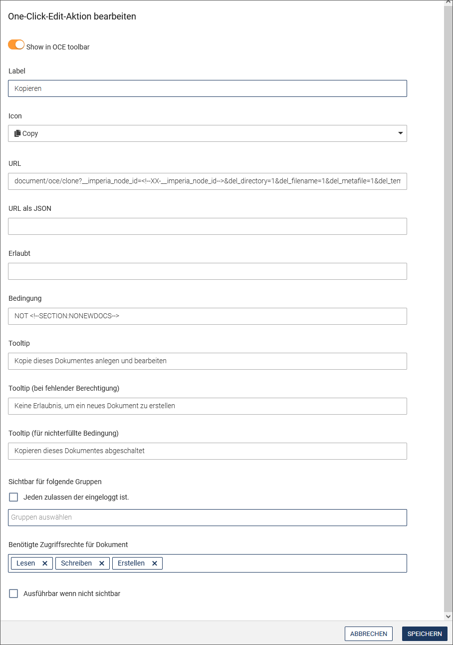 OCE configuration dialog