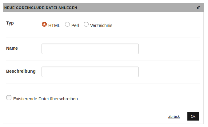 Seite "NEUES CODEINCLUDE ANLEGEN"