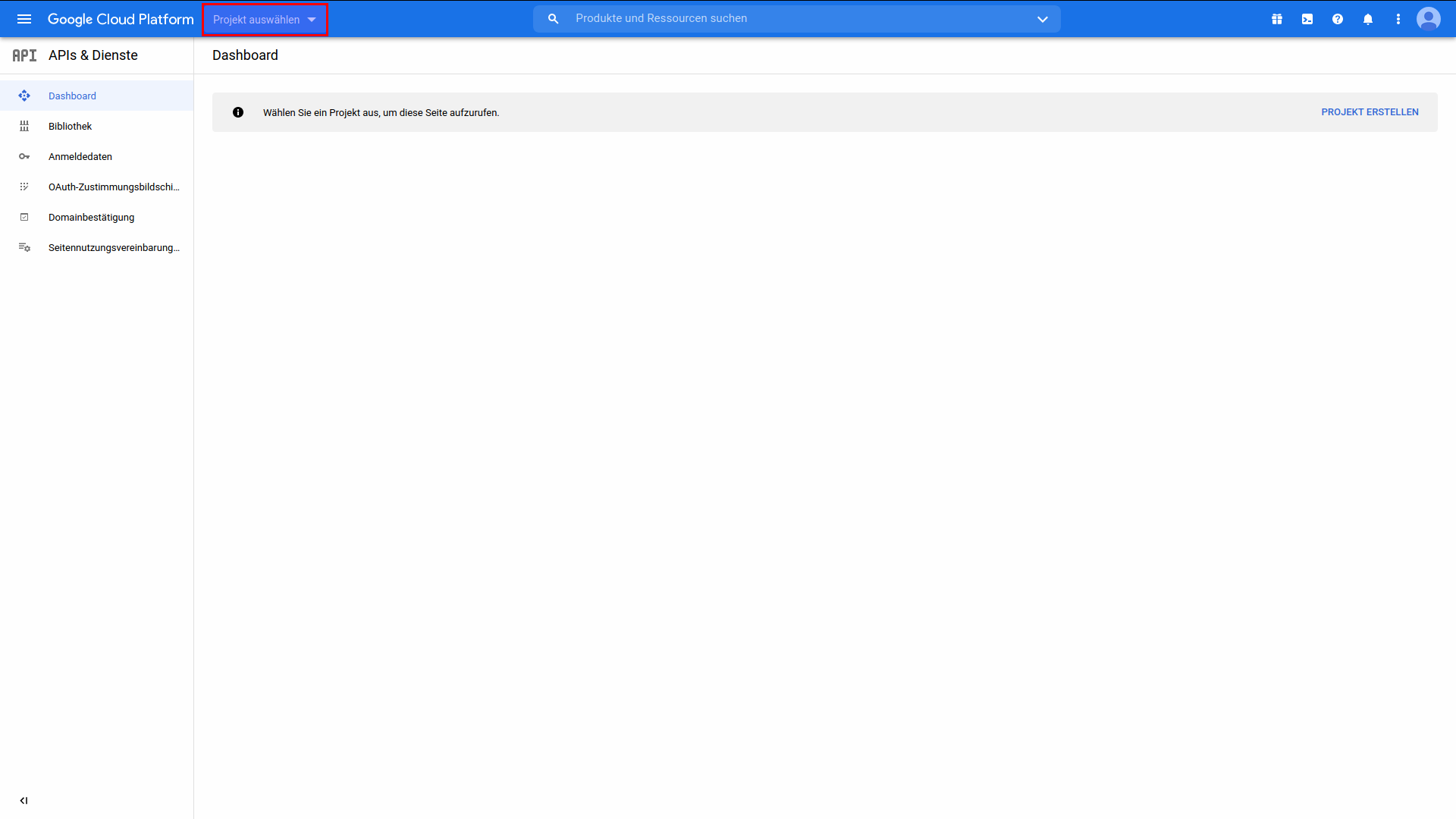 OAuth Projekt auswählen