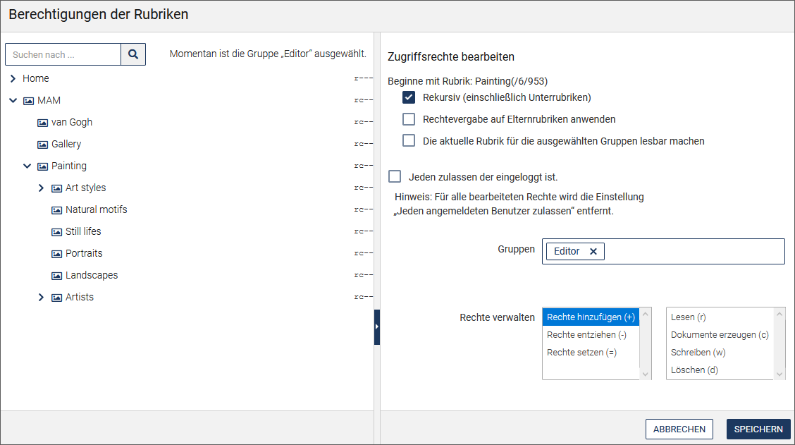 Seite "Zugriffsrechte bearbeiten"