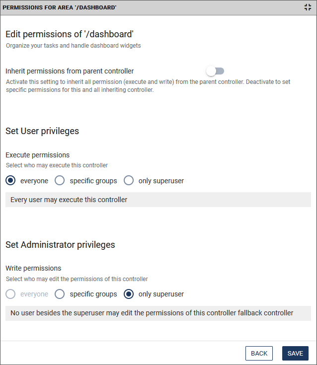 Controller permissions dialog