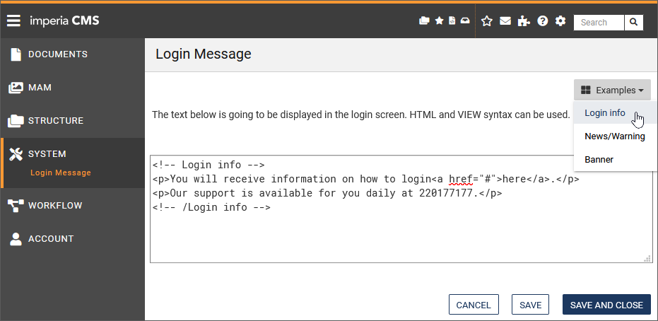site login message