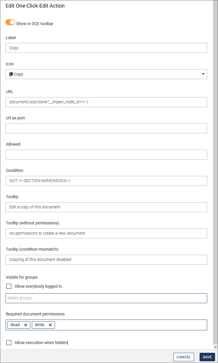 OCE configuration dialog - exmaple button "Copy"