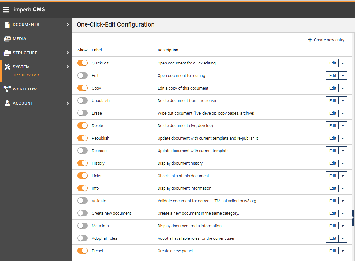 OCE configuration dialog
