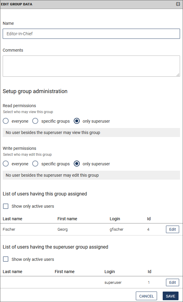 Edit a group dialog