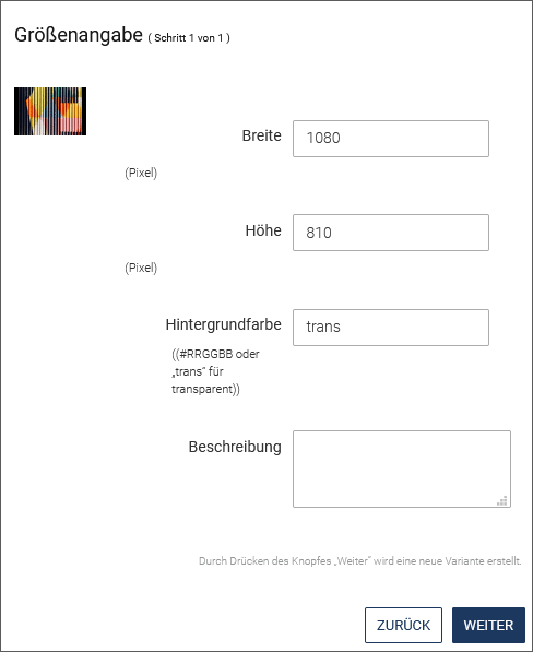 Auswahl der Größe und der Hintergrundfarbe