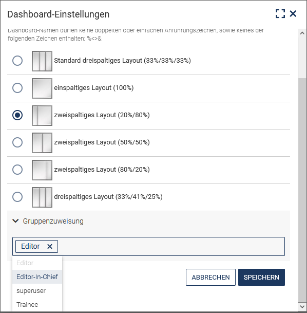 Dasboard bearbeiten