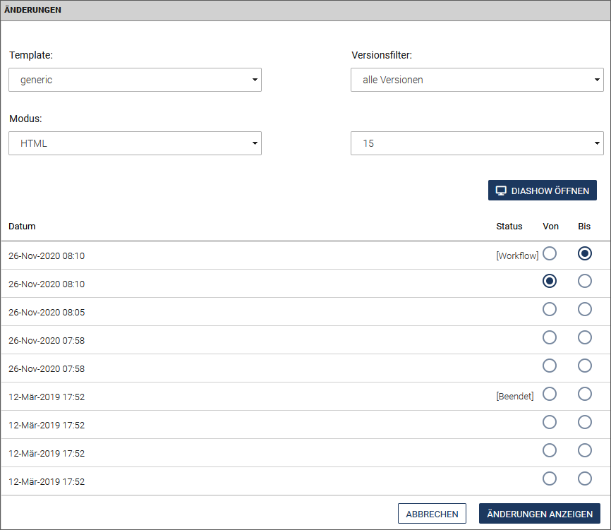 Versions-Auswahl Dialog