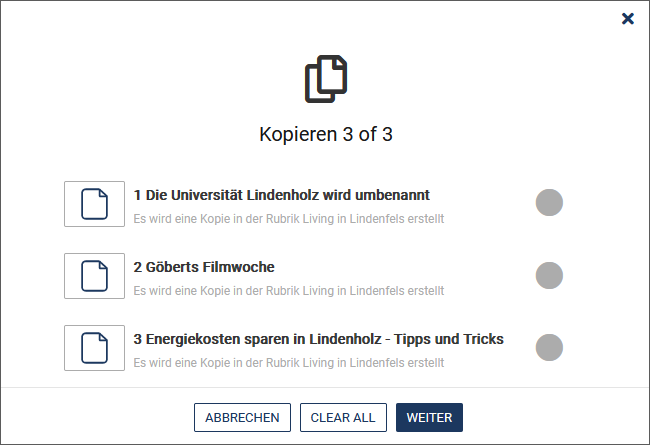 Liste der Dokumente in der Zwischenablage