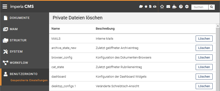 Seite Gespeicherte Einstellungen
